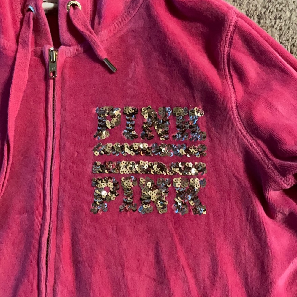 Pink hooded zip- up sweater